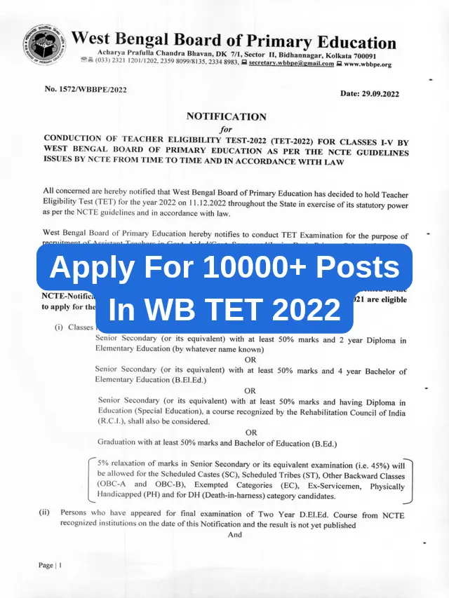 Apply for 10000+ Posts In WB TET Recruitment Notification 2022